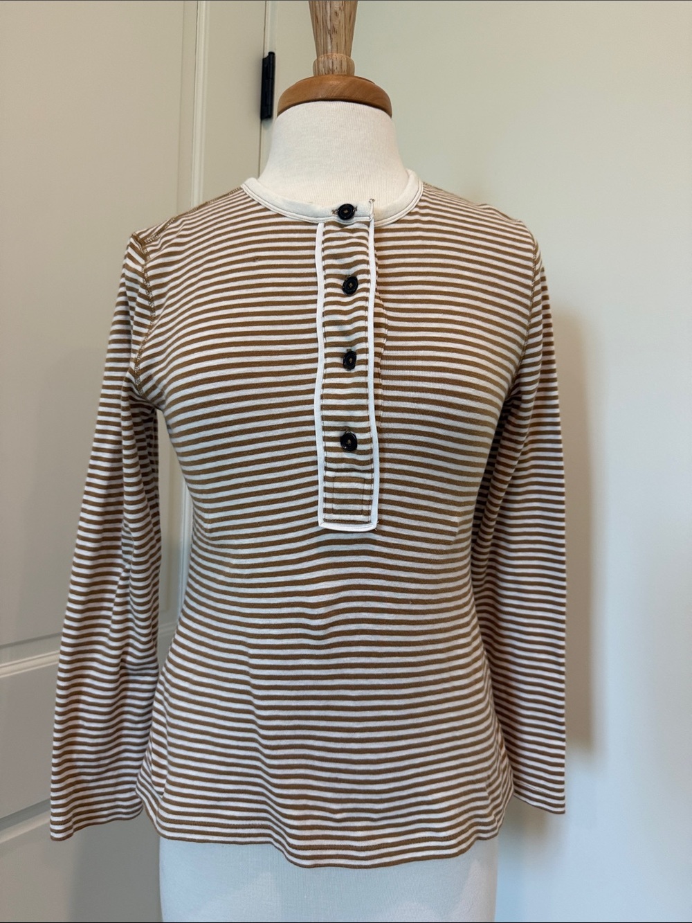 Banana Republic Brown and White Striped Long Sleeve Henley Top